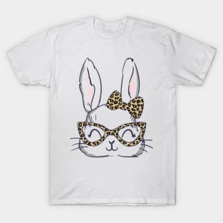 Leopard Bunny Easter Day Glasses Eggs Easter Women girl Gift T-Shirt